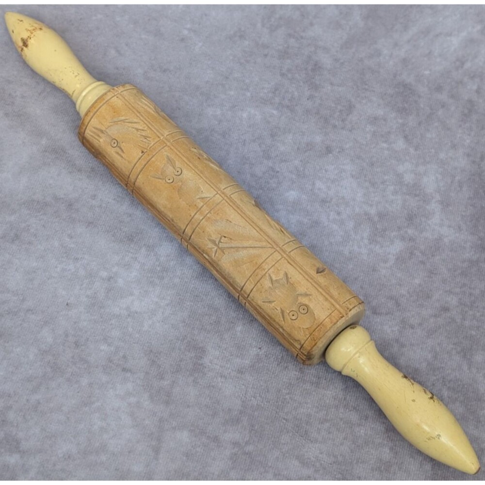 Vintage Wood Springerle Rolling Pin Shortbread Cookie Press Mold Embossing